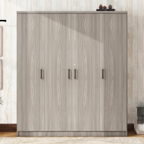BIADNBZ Wardrobe Closet with Drawer, Hanging Rail and 4 Doors, Wooden Storage Clothes Cabinet w/Shelves for Bedroom Guest Room, 59.2" L x 19.2" W x 67.9" H, Gray BIADNBZ