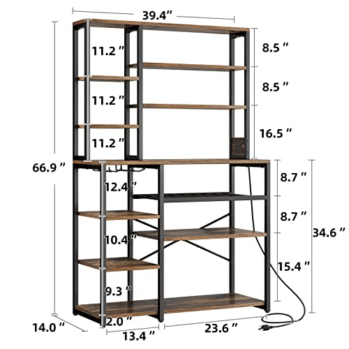 YITAHOME Kitchen Microwave Stand Bakers Rack Coffee Bar with Power Outlet, 39 Inch Large Freestanding Tall Dining Room Storage Shelves for Wine Liquor with Cup Holder, Rustic Brown