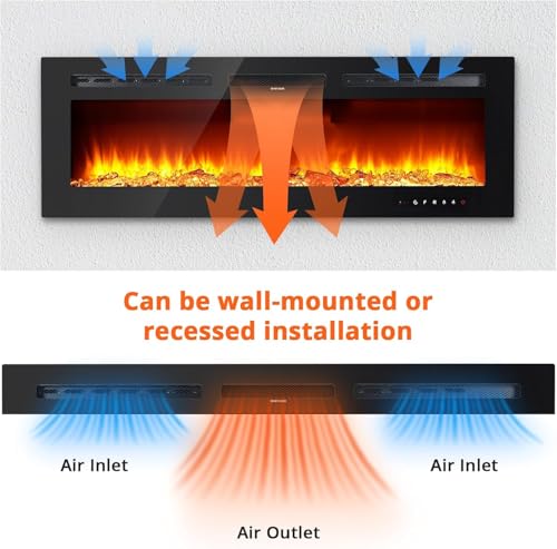 Zstar 60" Electric Fireplace Recessed and Wall Mounted with Remote Control, 750-1500W Fireplace Heater with Timer, Thermostat, Low Noise, Adjustable Flame Color, Speed & Brightness, Log & Crystals Zstar