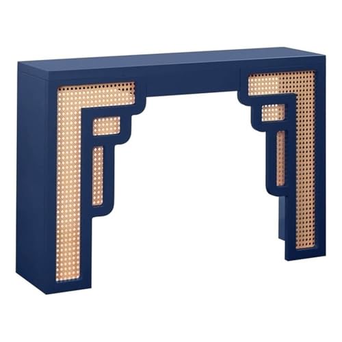 Pemberly Row Rattan Console Table, Navy Finish, Handmade Wood Construction, Transitional Art Deco Style, Rounded Edges, Woven Rattan Accents, Contemporary Living Room or Hallway Furniture Pemberly Row