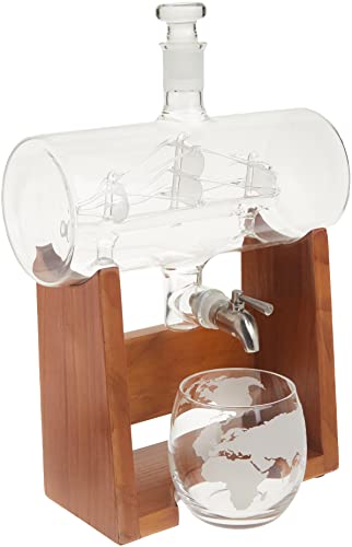 NutriChef Glass Whiskey Decanter with Glasses - 37oz Barrel Whiskey Carafe Alcohol Decanter Set, Decanter w/Spigot, Stopper & Base, for Brandy Wine Cognac Rum Gin Scotch Bourbon