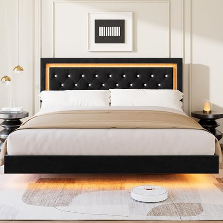 Garvee Floating Bed Frame King Size with Smart Led Lights, Upholstered Platform Bed with Diamond Headboard, Solid Wood Slats Support, No Box Spring Needed, Noise-Free, Easy Assembly, Black Garvee