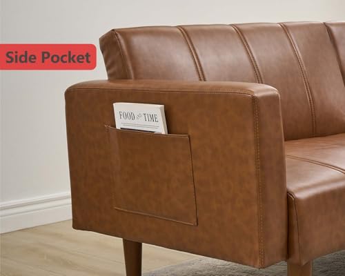 GAOMON Modern Futon Couch 75" Futon Sofa Bed, Convertible Sleeper Sofa with Adjustable Backrest, Mid-Century Loveseat, Small Sofa PU Leather Couch with Side Pockets for Living Room, Brown GAOMON