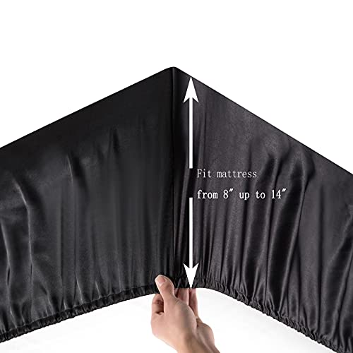 Satin Fitted Sheet, Full Fitted Sheet Only, 1 - Piece Ultra Soft Deep Pocket Single Silk Bottom Bed Sheet Full - Black Luxbedding