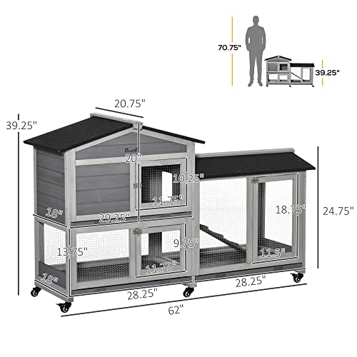 PawHut 62" Rabbit Hutch, Wooden Bunny Hutch, Guinea Pig Cage, Small Animal Enclosure with Wheels, Run Area, Removable Tray, Asphalt Roof, Lockable Doors and Ramp, Gray - WoodArtSupply