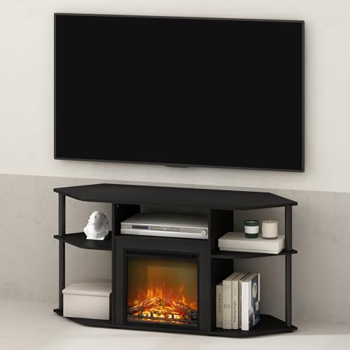 Furinno Jensen Fireplace TV Stand, NO Heat Decorative Electric Fireplace Corner Open Shelf TV Stand for TV up to 55 Inch, for Living Room, Dark Americano Furinno