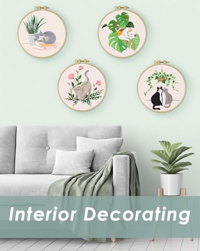 ERKOON 4 Sets Embroidery Kit for Beginners,Hummingbird and Flower Cross Stitch Set for Include Embroidery Cloth Hoops Threads for Craft Lover Hand Stitch (Cat) ERKOON