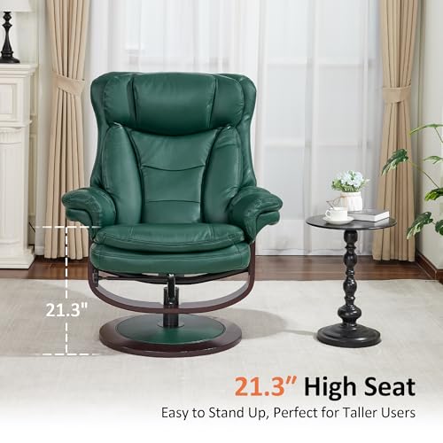 MCombo Oversized Swivel Recliner Chair with Ottoman, Adjustable Backrest, 360° Wood Base, High Seat, Faux Leather Lounge Chair for Tall Users in Living Room, Bedroom, or Office 4651 (Green)