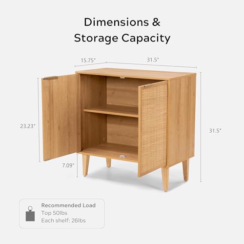 EYYTHUNG Accent Storage Cabinet Set of 2 Sideboard with Rattan Doors, Boho Buffet Kitchen Bar Cabinet Farmhouse Credenza Cabinet with Adjustable Shelves for Living Room (Natural Oak) - WoodArtSupply