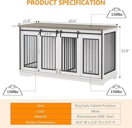 Yafylly 60.6"‌ Double Dog Crate Furniture, Heavy Duty Dog Kennel with Divider, Durable Dogs Crate as TV Stand with Sliding Door, XXL Wooden Dog Kennel for 2 Dogs (White Yafylly