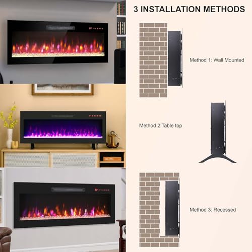 36 Inch Ultra-Thin Electric Fireplace, Recessed and Wall Mounted Fireplace, LED Light Heater with Remote Control, Tempered Glass Front Electric Fireplace with Multi Color Flame & Emberbed FTOPBTB