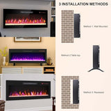 36 Inch Ultra-Thin Electric Fireplace, Recessed and Wall Mounted Fireplace, LED Light Heater with Remote Control, Tempered Glass Front Electric Fireplace with Multi Color Flame & Emberbed FTOPBTB