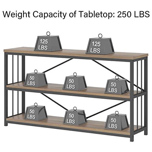 LVB Rustic Oak Industrial Console Sofa Table with 3-Tier Shelving for Entryway and Foyer LVB