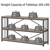 LVB Rustic Oak Industrial Console Sofa Table with 3-Tier Shelving for Entryway and Foyer LVB