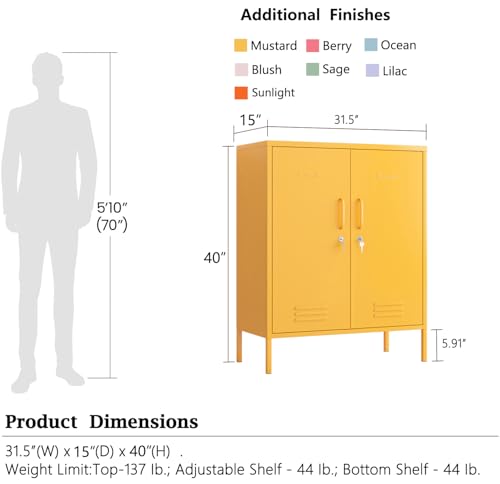 Aiasuit 2 Door Lockable Metal Storage Cabinet, 3-Tier Heavy Duty Industrial Cabinet with Removable Shelves, Easy Assembly Multi-Purpose Storage for Home Office, Yellow 40" H x 31.5" W x 15" D Aiasuit