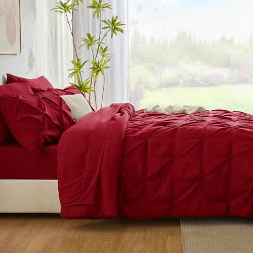 CozyLux King Size Comforter Set Dark Red, 7 Pieces Pintuck Bed in A Bag Red Comforter King Size, Pinch Pleat Bedding Set with All Season Comforter, Sheets, Pillowcases & Shams CozyLux