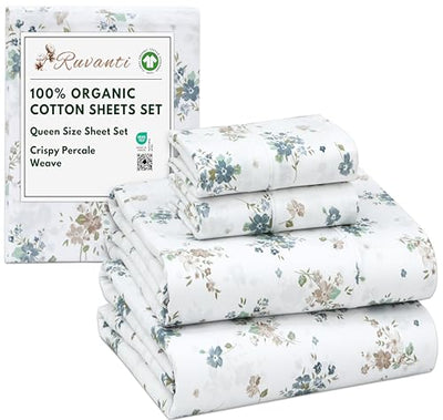 RUVANTI 100% Organic Cotton Sheets Queen Size, Percale Weave, GOTS Certified, 4-Piece Set, Deep Pocket 15", Crisp & Breathable, Soft Durable Bedding, Sábanas Algodón Orgánico – Halcyon