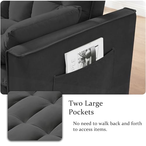 QKFF Convertible Sleeper Sofa Bed, 3 in 1 Modern Velvet Loveseat Futon Sofa Couch with Pullout Bed Reclining Backrest Toss Pillows Pockets for Living Room(Black) QKFF