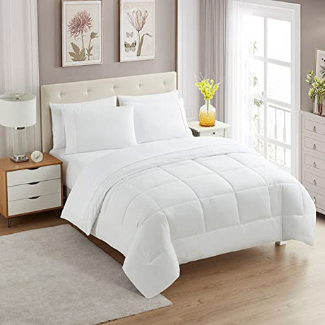 Sweet Home Collection 7 Piece Comforter Set Bag Solid Color All Season Soft Down Alternative Blanket & Luxurious Microfiber Bed Sheets, White, Queen Sweet Home Collection