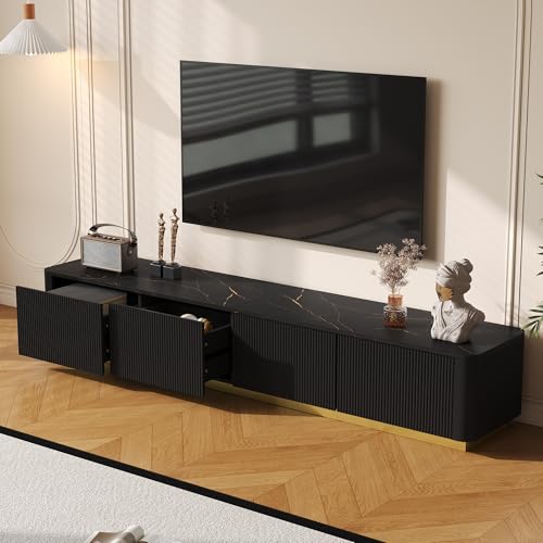 Fluted TV Stand for TVs Up to 85", Modern Entertainment Center with Drawers and Gold Base, Curved Profile TV Media Console Table with Faux Marble Tabletop for Living Room, Bedroom (Black) BEDGJH