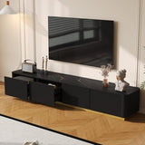 Fluted TV Stand for TVs Up to 85", Modern Entertainment Center with Drawers and Gold Base, Curved Profile TV Media Console Table with Faux Marble Tabletop for Living Room, Bedroom (Black) BEDGJH