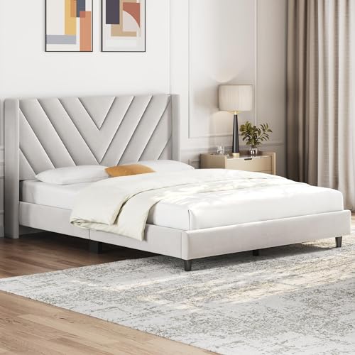 Yaheetech Beige Queen Upholstered Platform Bed with Wing Headboard & Wooden Slat Support Yaheetech