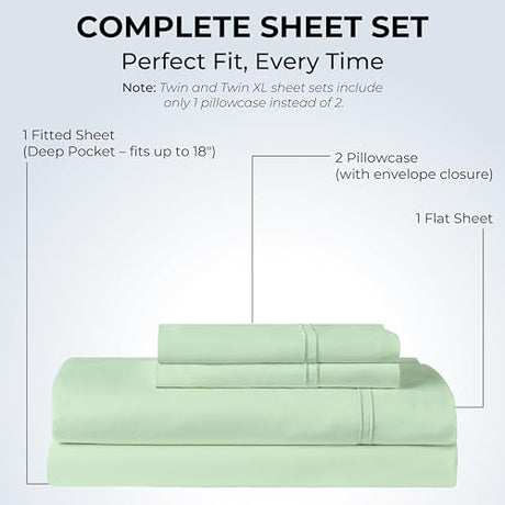 Mayil Manor 100% Natural Cotton Sheets Queen Size Bed Set | 500 TC Single-Ply Sateen Weave | Soft, Breathable, Hypoallergenic Solid 4-Piece Bedding with Deep Pocket Fitted, Flat, Pillowcase | Sage Mayil Manor