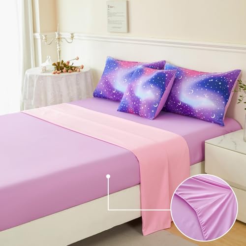 URBONUR 6Pcs Twin Comforter Set for Girls Colorful Pink Purple Blue Gradient Galaxy Printed Bedding Set Kids Teen Bed in A Bag URBONUR