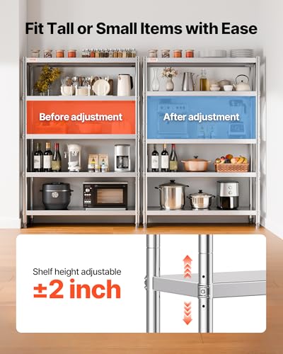 VEVOR Stainless Steel Shelving 48x18.5 Inch 5 Tier Adjustable Shelf Storage Unit Stainless Steel Heavy Duty Shelving for Kitchen Commercial Office Garage Storage 330lb Per Shelf VEVOR