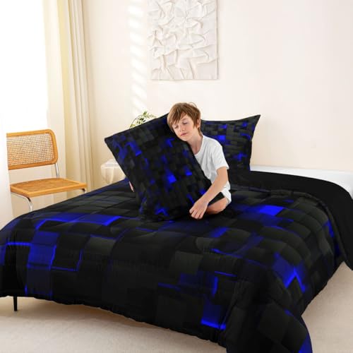 Erosebridal Black Navy Royal Blue Comforter Set Full Neon Geometric Checkered Bedding Set for Teen Boys Gamer Room Decor,Abstract Stereoscopic Grids Quilt Square Plaid Check Bed Set 3 Pcs Erosebridal