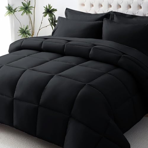 JOLLYVOGUE California King Comforter Set, Ultra-Soft Bed in a Bag Cal King Size 7 Pieces, Oeko-TEX Certified Bedding Set with Down Alternative Comforter, Sheets, Pillowcases & Shams, Black JOLLYVOGUE