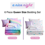 A Nice Night 6Pcs Gradient Glitter Bedding Set for Girls, Colorful Rainbow Galaxy Comforter Set, Ultra Soft Bedding Sets (Pink,Queen 6Pcs) A Nice Night