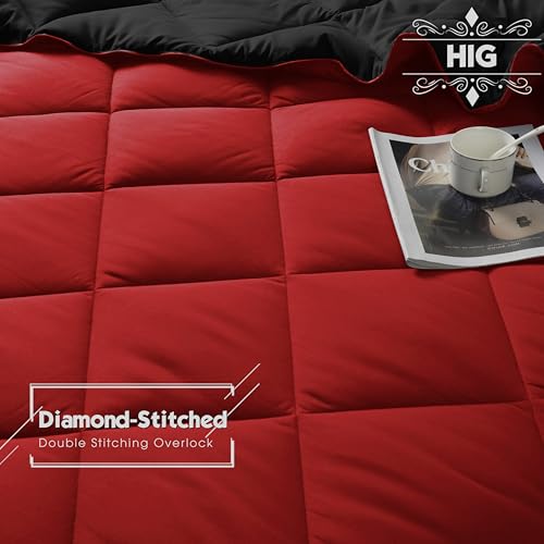 HIG 3pc Red Twin/Twin XL Comforter Set - All Season Reversible Down Alternative Comforter with Sham - Quilted Duvet Insert with Corner Tabs - Diamond Stitched Blanket - Breathable, Soft, Fluffy HIG
