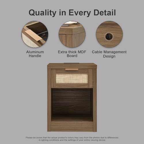 OAKHAM HOME Nightstand Set of 2, Rattan Night Stand with Type-C Charging Station, Bedside Table with Drawer, Boho Bed Side Table End Table Accent Table for Bedroom Living Room (Special Walnut) OAKHAM HOME