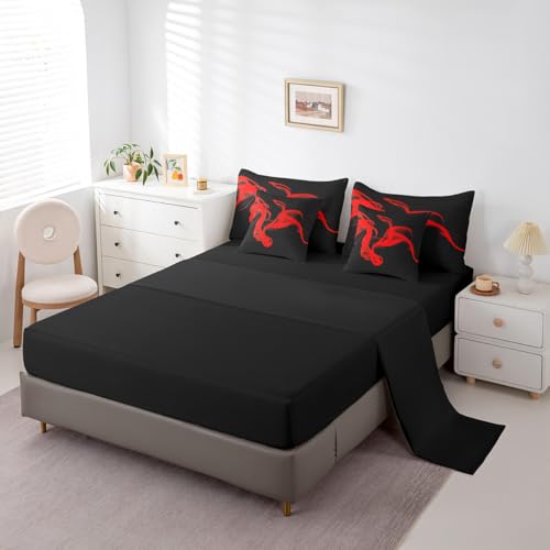Feelyou Kids Black Red Abstarct 7 Piece Bedding Set King Size Abstarct Art Comforter Set with Sheets for Kids Adult Modern Minimalist Bed in a Bag Feelyou
