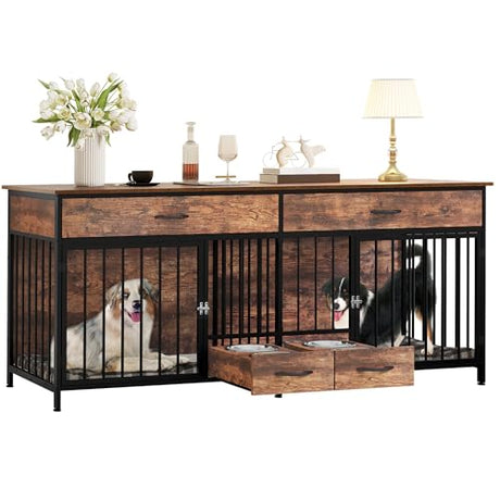 YITAHOME 74.8" Double Dog Crate Furniture with Dog Feeder, Heavy Duty Indoor Dog Kennel TV Stand with Drawers, Sturdy Dog Kennel with Divider for 2 Medium Large Dogs, Brown YITAHOME