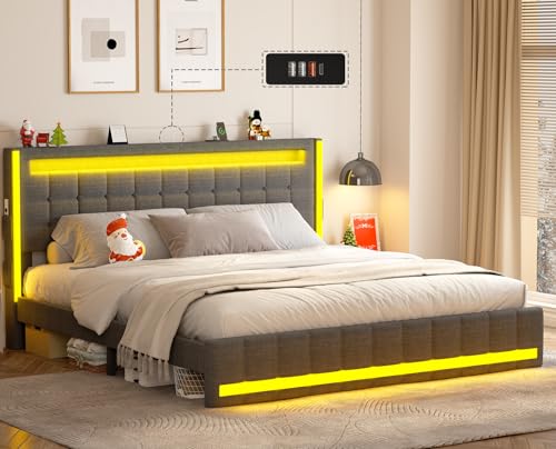 Dnxao Dark Grey Queen Upholstered Bed Frame with LED Lights and USB Charging Station - WoodArtSupply