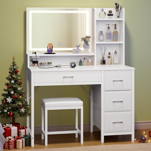 Greenstell Vanity Desk with Mirror and Lights, Makeup Vanity Table with Upholstered Stool, 4 Drawers & 3 Storage Shelves, Power Outlet, 3 Adjustable Lighting Modes for Bedroom and Dressing Room, White GREENSTELL
