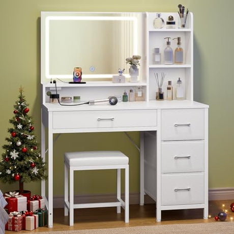 Greenstell Vanity Desk with Mirror and Lights, Makeup Vanity Table with Upholstered Stool, 4 Drawers & 3 Storage Shelves, Power Outlet, 3 Adjustable Lighting Modes for Bedroom and Dressing Room, White GREENSTELL