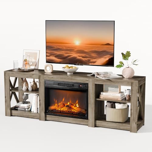 VINGLI Fireplace TV Stand for up to 80 inch TVs, Farmhouse Entertainment Center with Electric Fireplace Heater & Adjustable Shelves, Fireplace Media Console Table for Living Room, Gray Oak VINGLI