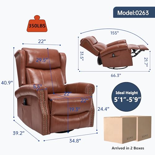 PELUMY Genuine Leather Swivel Rocking Recliner Chair for Adults, 360° Swivel Glider Rocker with Heat & Vibrating Massage, Lounge Chair for Living Room, Bedroom, Nursery (Tangerine-Red Brown)