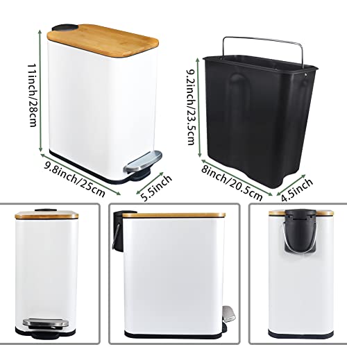SIDIANBAN Bathroom Trash Can with Bamboo Lid Soft Close and Foot Pedal, Small Rectangular Slim Garbage Can with Inner Wastebasket for Bedroom, Office, Kitchen, 1.3Gal/5L, White SIDIANBAN