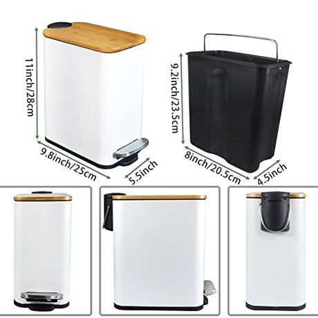 SIDIANBAN Bathroom Trash Can with Bamboo Lid Soft Close and Foot Pedal, Small Rectangular Slim Garbage Can with Inner Wastebasket for Bedroom, Office, Kitchen, 1.3Gal/5L, White SIDIANBAN