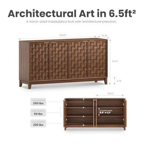 COLAMY Fluted Sideboard Cabinet with Storage – Solid Wood Buffet for Dining Room, Credenza Console with Adjustable Shelves, Walnut Finish, Mid Century Modern Style,Walnut Black COLAMY