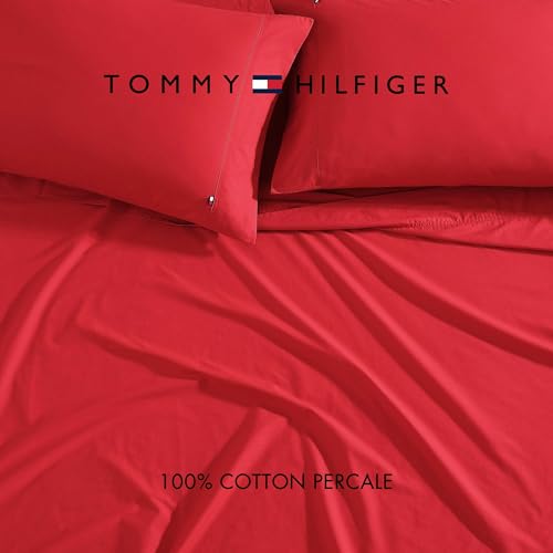 Tommy Hilfiger - Sheet Set, Cotton Percale Bedding with Matching Pillowcase, Crisp & Cool, Solid Home Essentials (Red, Twin) Tommy Hilfiger