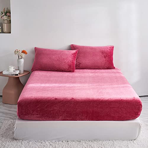 YASMENG Extra Soft Wine Red Velvet Plush Fitted Sheet Twin Size with 16” Deep Pocket, Warm Luxury Single Fitted Sheet Only for Fall Winter Spring, Fuzzy Flannel Fleece Mattress Protector Cover YASMENG