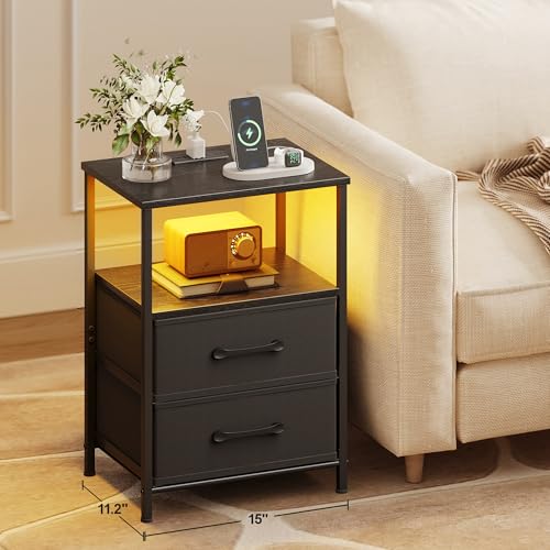 TRIFEBLE Nightstands Set of 2, Night Stand with Charging Station and Led Lights, Bedside Table with 2 Fabric Drawers for Bedroom, Small Side End Table with Open Shelf, Black TRIFEBLE