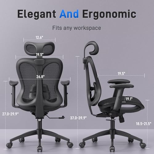 amseatec Ergonomic Office Desk Chair, Comfortable Computer Gaming Chair, Breathable Mesh Back & Seat, Adjustable Armrest & Headrest, Lumbar Support, Butterfly Design for Home Office (Black) amseatec
