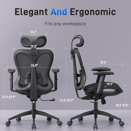 amseatec Ergonomic Office Desk Chair, Comfortable Computer Gaming Chair, Breathable Mesh Back & Seat, Adjustable Armrest & Headrest, Lumbar Support, Butterfly Design for Home Office (Black) amseatec