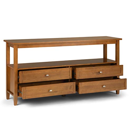 SIMPLIHOME Warm Shaker Wide Console Table - 60 Inch Wide Solid Wood Sofa Table in Light Golden Brown, Transitional Storage Table for Living Room with 4 Drawers, Open Shelf, and Brushed Nickel Knobs SIMPLIHOME